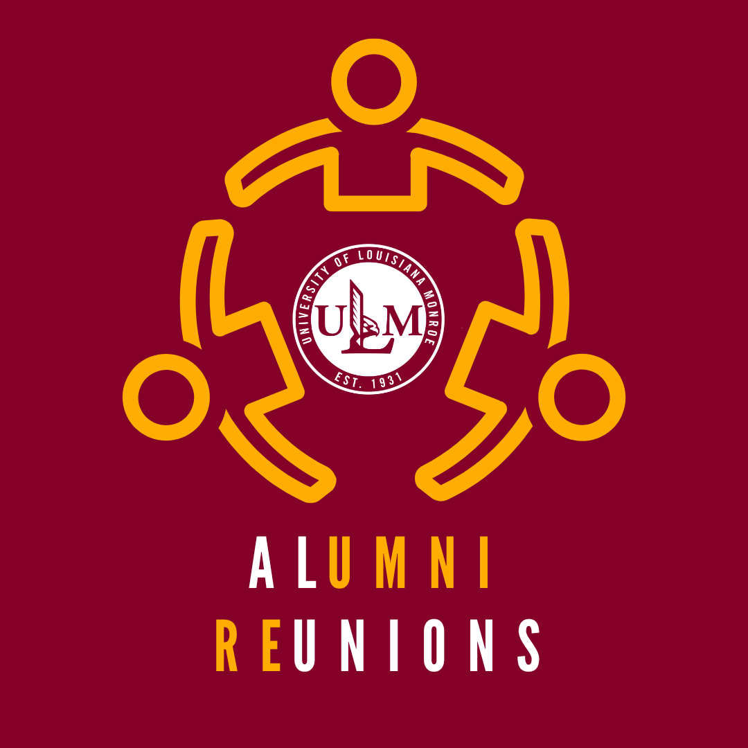 Graphic promoting ULM Alumni Association Alumni Reunions featuring connected figures forming a circle around the ULM logo.