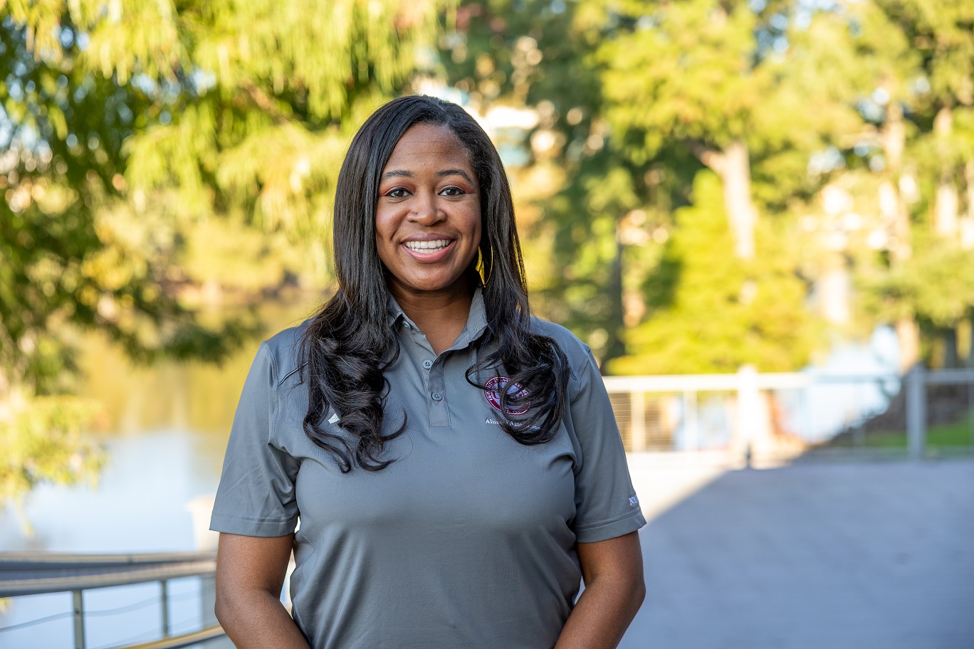 Photo of Areah Thompson Portrait of Areah Thompson ULM Alumni Association Board Member, standing on campus near the bayou.