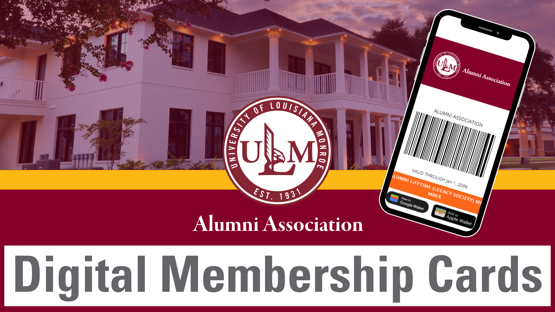 “Graphic promoting ULM Alumni Association digital membership cards accessible on a mobile device.