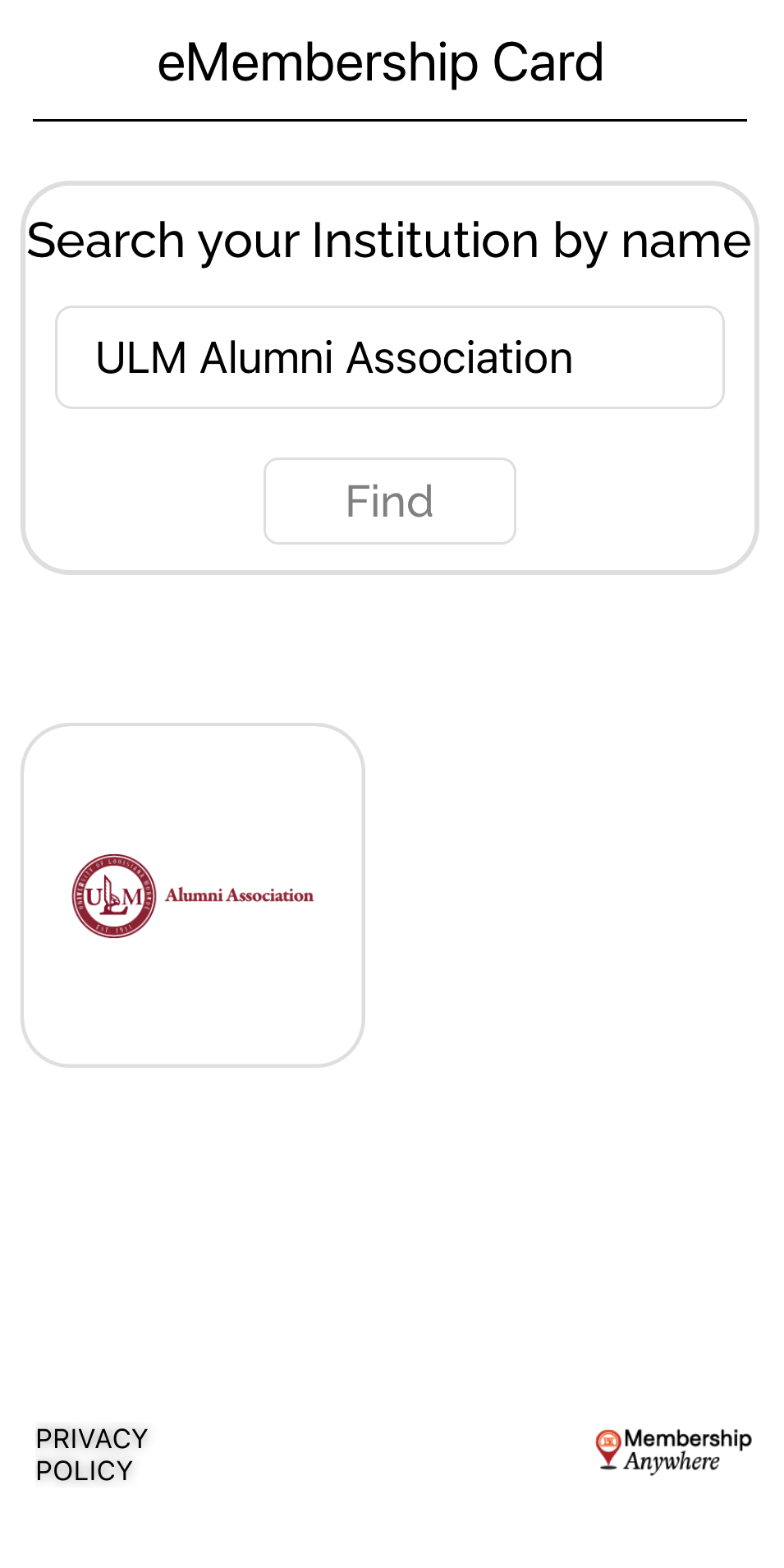 Mobile app screen for eMembership Card showing a search field with ‘ULM Alumni Association’ entered and a ‘Find’ button to locate the organization’s digital membership card