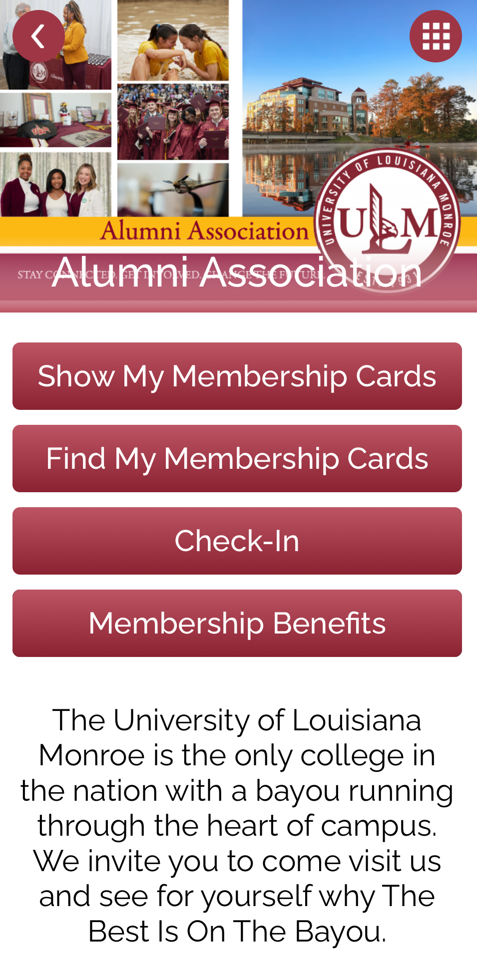 Mobile app home screen for the ULM Alumni Association digital membership card showing menu options for viewing membership cards, finding cards, checking in, and viewing membership benefits