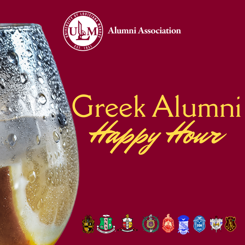 Graphic promoting the ULM Alumni Association Greek Alumni Happy Hour event featuring a champagne glass and Greek organization logos