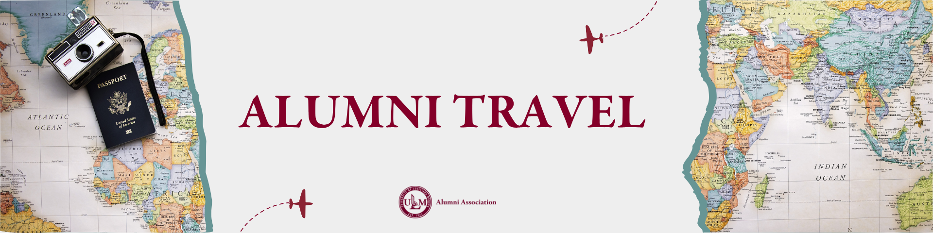 Banner graphic for the ULM Alumni Travel program featuring a world map background, a passport and camera, airplane icons, and the text “Alumni Travel” with the ULM Alumni Association logo.