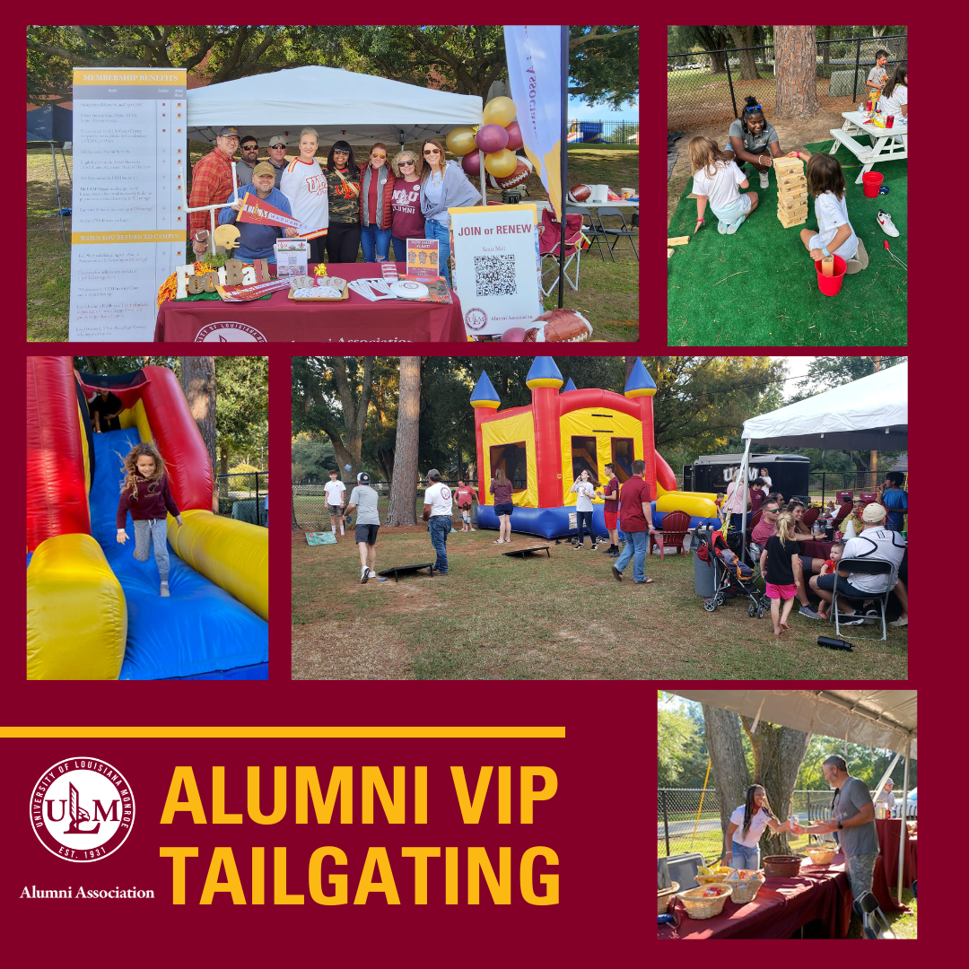 Collage of alumni and families enjoying games, food, and activities at the ULM Alumni VIP Tailgating event.