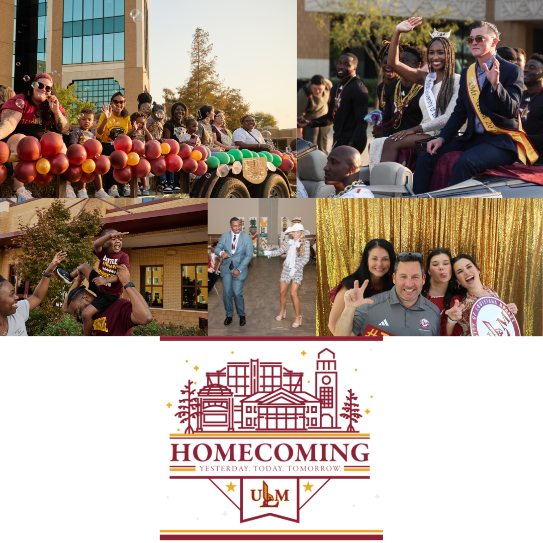Collage of parade, alumni activities, and campus celebrations promoting ULM Homecoming.