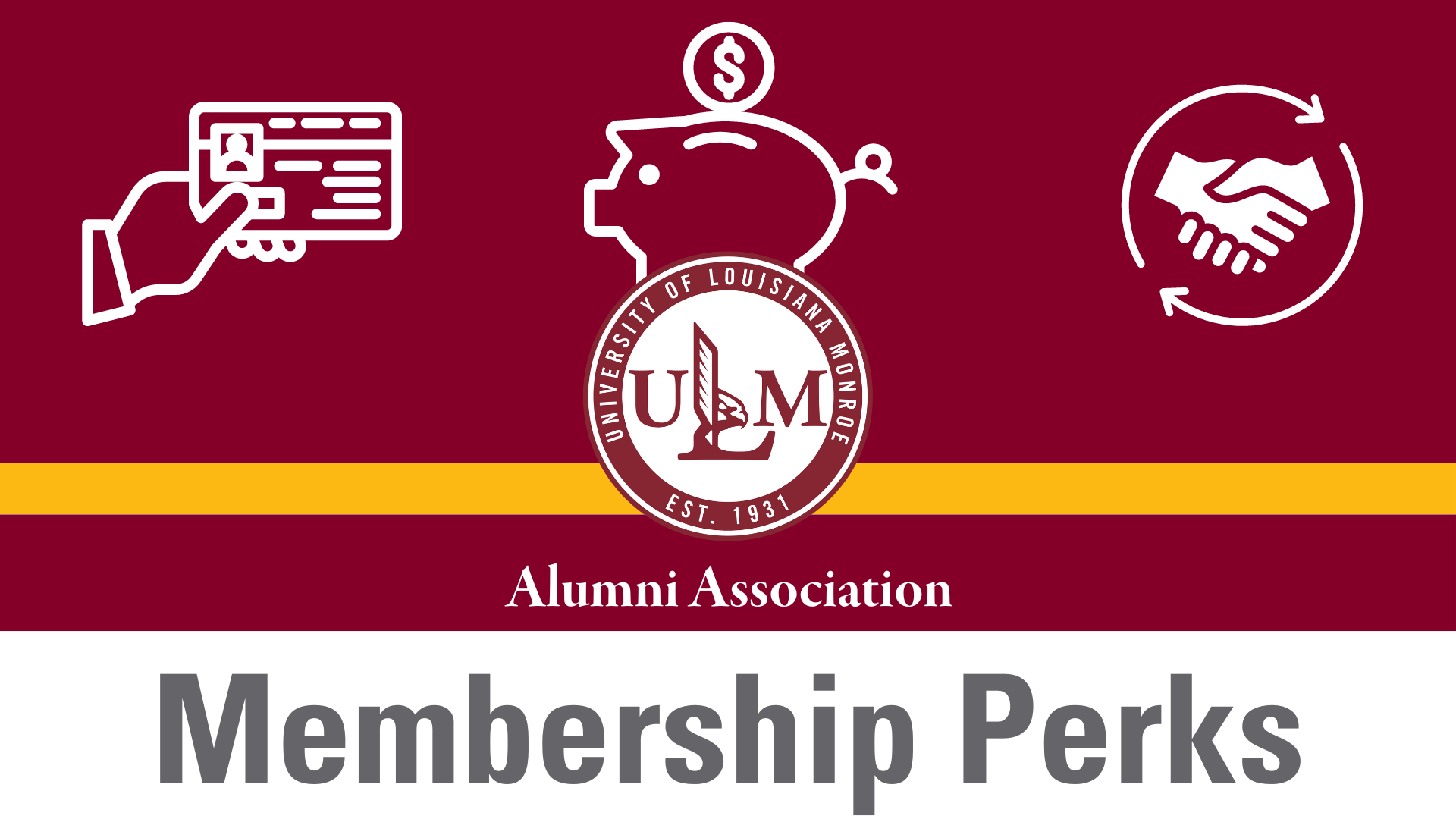 ULM Alumni Association Membership Perks graphic featuring icons representing discounts, savings, and partnerships.