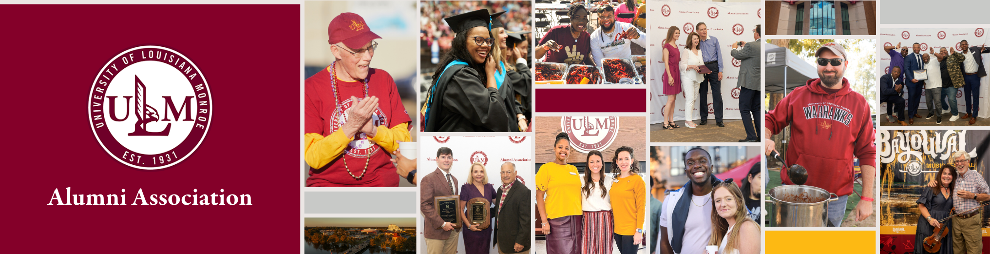 ULM Alumni Association banner featuring the ULM logo and a collage of alumni participating in events and activities.