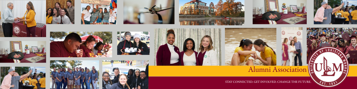 ULM Alumni Association collage showing students and alumni participating in campus and alumni events.