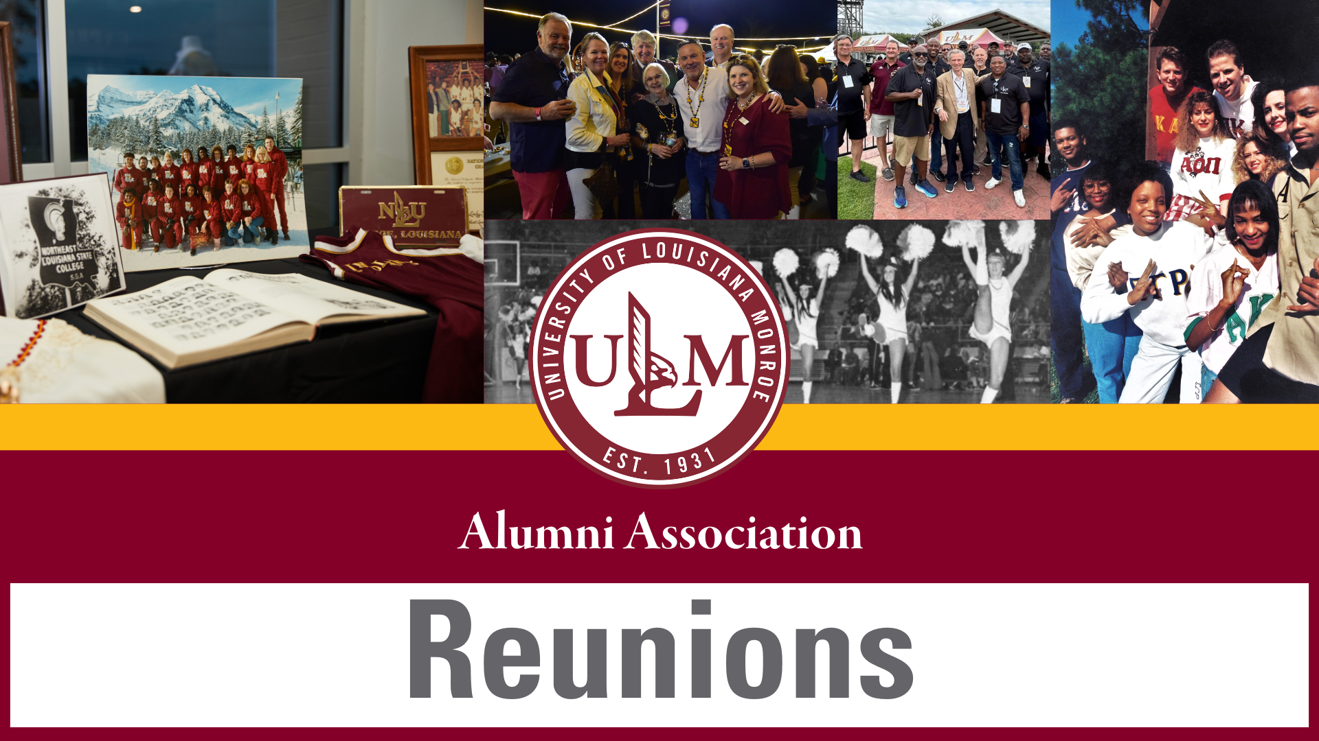 Banner graphic for the ULM Alumni Association Reunions page featuring a collage of alumni photos from past decades and the University of Louisiana Monroe logo.
