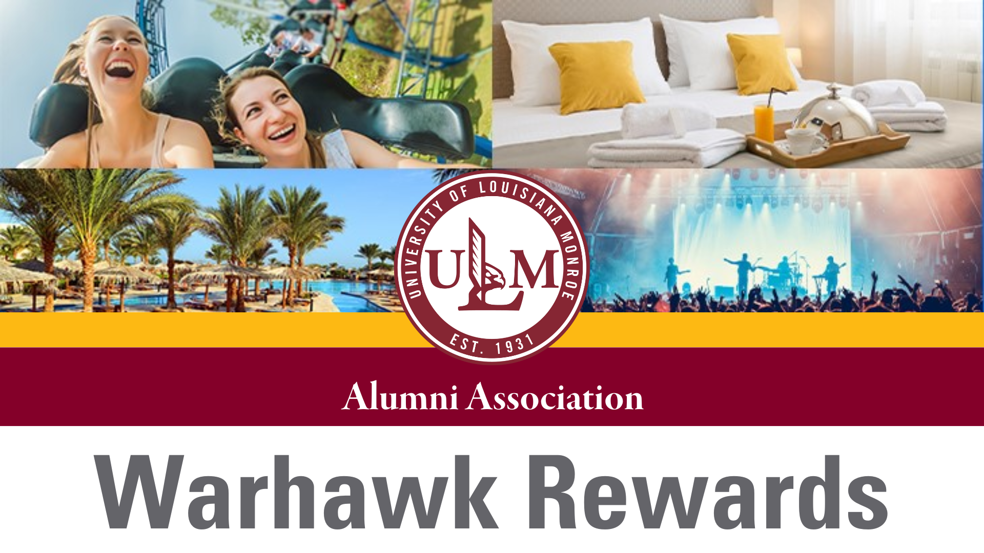 ULM Alumni Association Warhawk Rewards program graphic highlighting travel, entertainment, and hotel discounts for alumni.