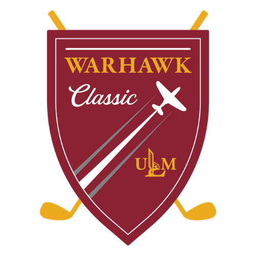 Shield-style logo for the ULM Alumni Association Warhawk Classic golf tournament featuring crossed golf clubs