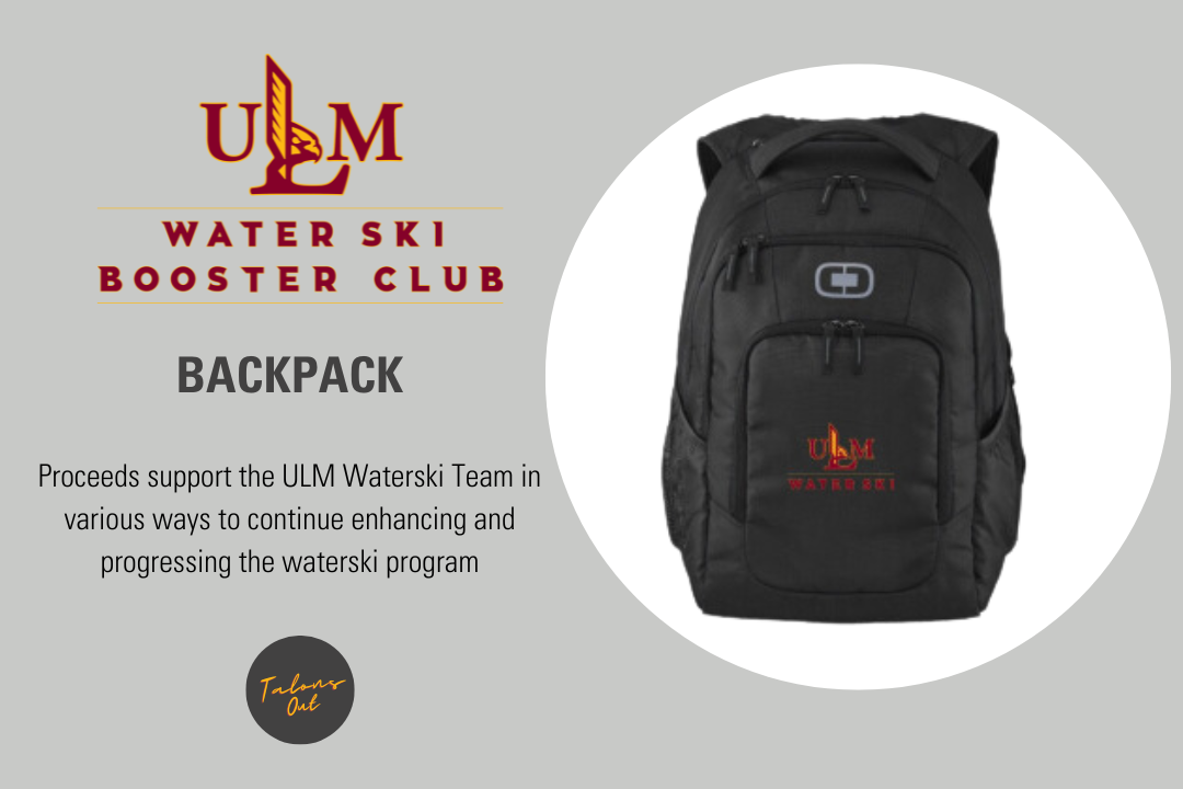 Black backpack with the ULM Water Ski logo displayed next to text promoting the Water Ski Booster Club backpack fundraiser supporting the ULM Waterski Team