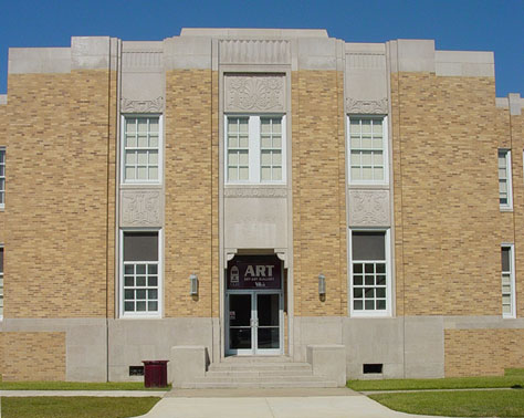 The front of Bry Hall, where the ULM Art Program is housed. Bry is a Brown building in the Art Deco style that dates from the earliest days of the university.