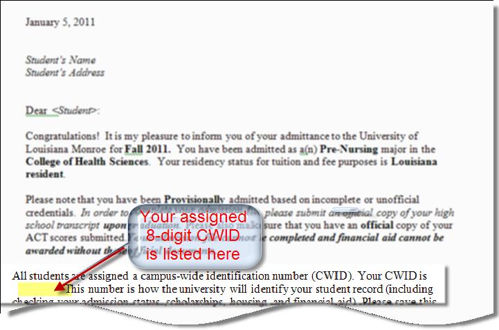 example of CWID listed in paragraph on acceptance letter