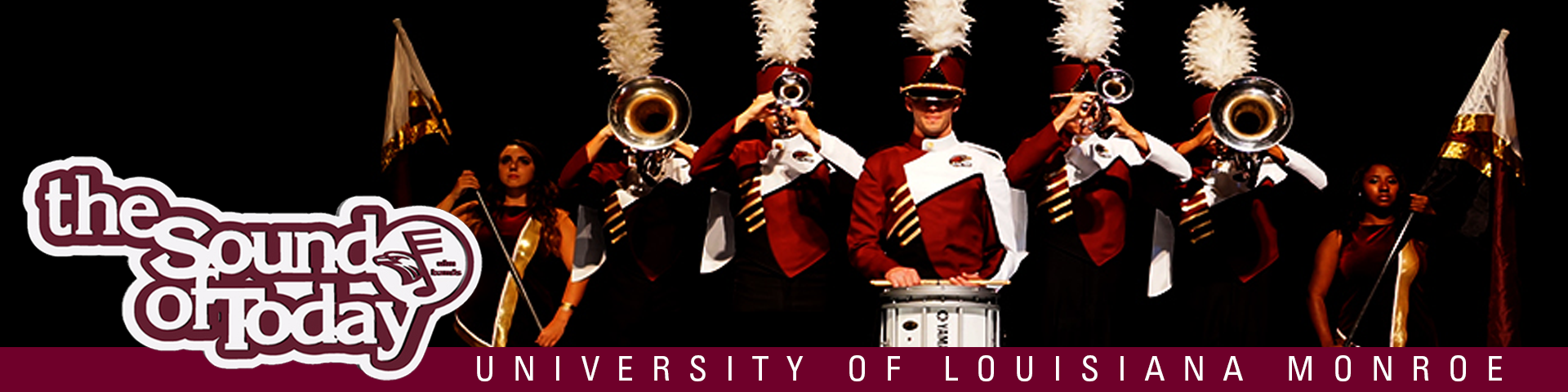 Members of the Sound of Today Marching Band are wearing uniforms and holding their instruments in playing position.