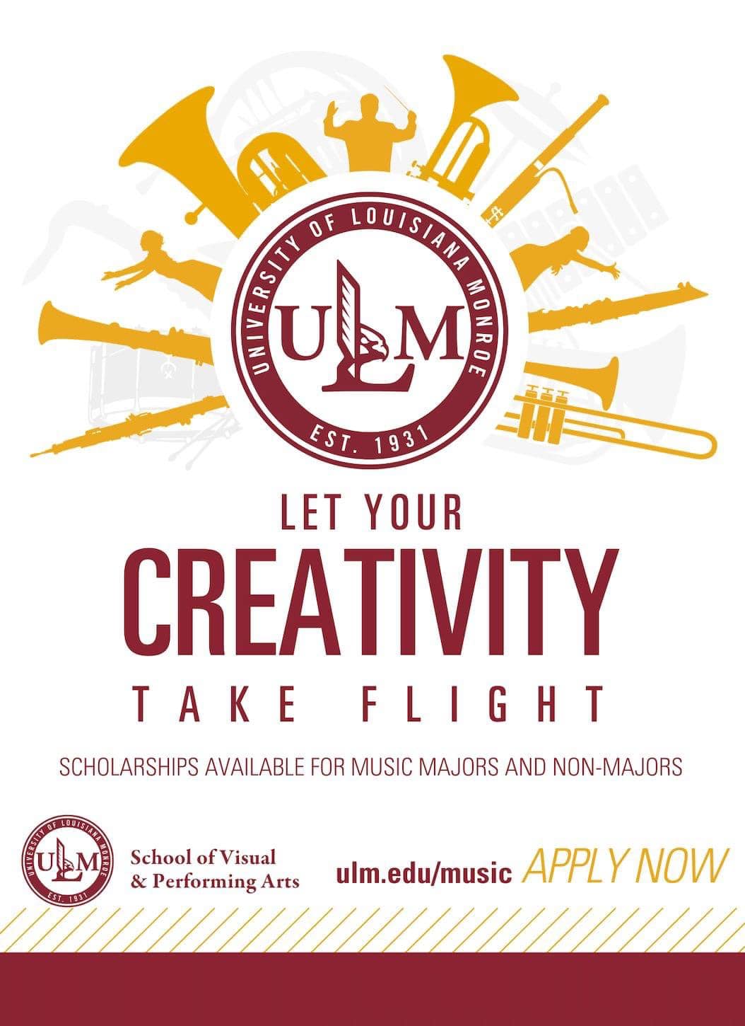 ULM School of Visual and Performing Arts, Let Your Creativity Take Flight, Scholarships available for music majors and non-majors, apply now at ulm.edu/music
