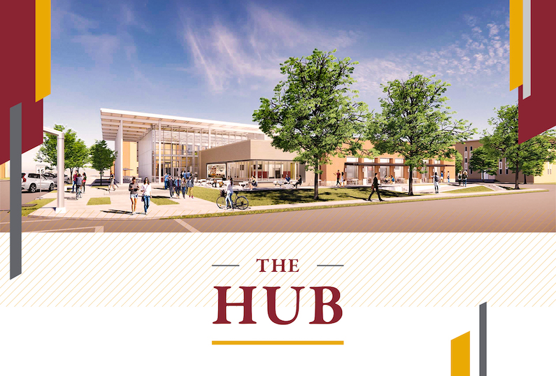 Rendering of The HUB, a modern campus building with glass windows, trees, and students walking in front of and besides the structure.