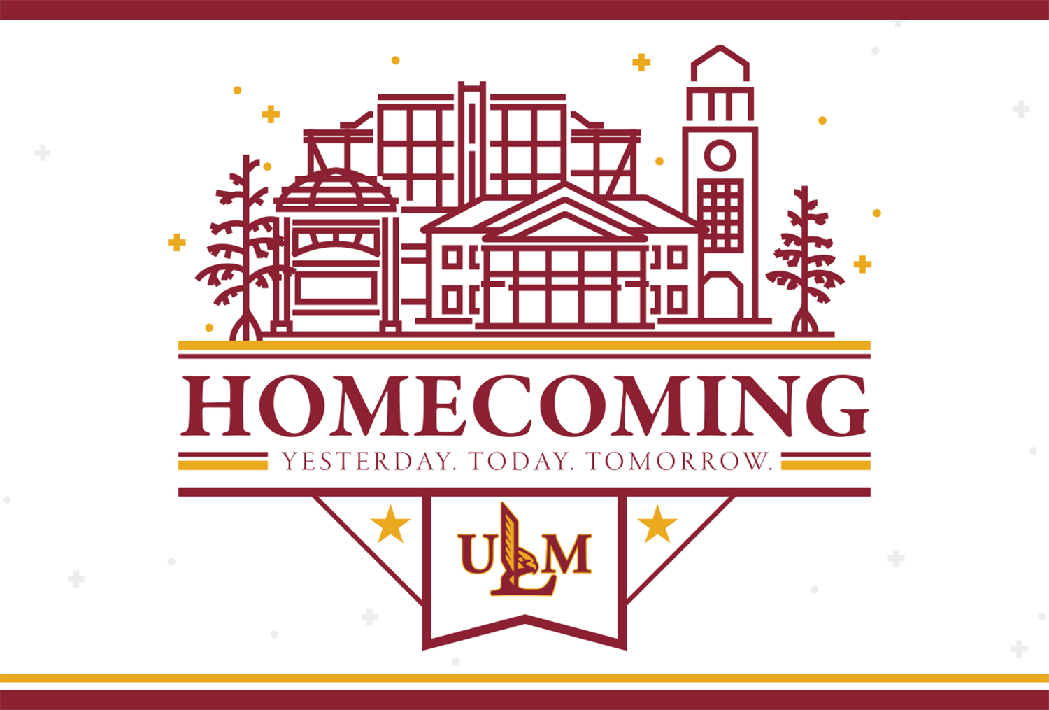 A graphic featuring buildings from the ULM campus that reads "ULM Homecoming Yesterday. Today. Tomorrow."