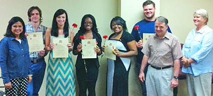 (from left): María Blanca Wortham, Robert Wofford, Kelsey Adams, Candice Johnson, Brianna Hansbrough, Conrad Cable, Charles Holloway, Ruth E. Smith Photo of Spanish Honor Society students