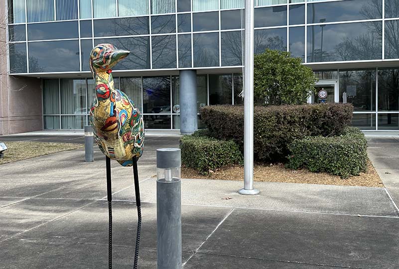 Heron display in front of the College of Pharmacy building.