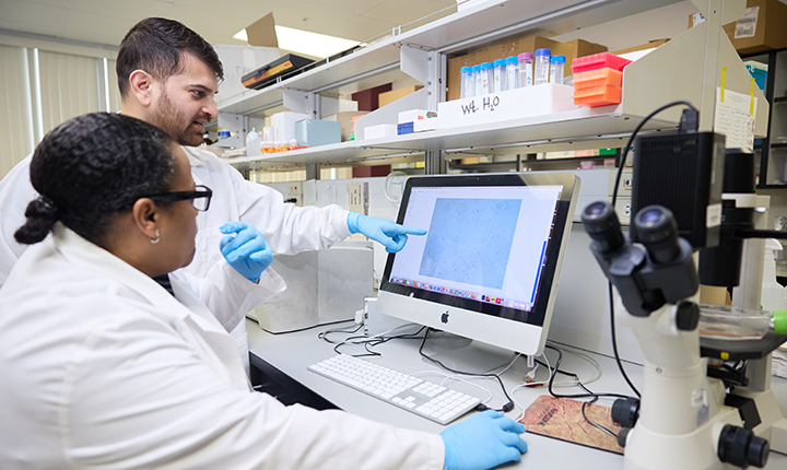 Graduate student Rajesh Yadav and post doctural research associate, Johnmesha Sanders, reviewing test results in research lab.