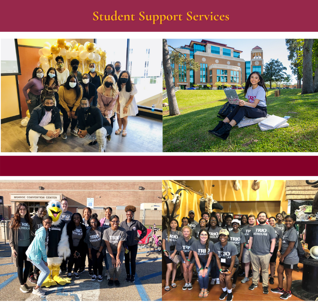 Student Support Services, trio students smiling, in groups and studying