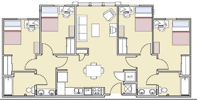 Four-bedroom, two-bath apartment floor plan with shared living room and dining area in the center, full kitchen along the bottom, washer and dryer near kitchen, and two bedrooms with bathrooms on each side.