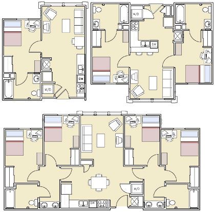 Combined floor plan image showing one-bedroom, two-bedroom, and four-bedroom apartment layouts with kitchens, living areas, and bathrooms.