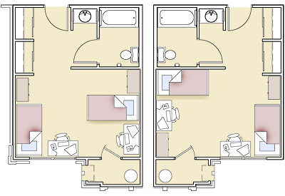 Floor plan of University Commons showing two double-occupancy rooms with shared central bathroom and entry hallway.