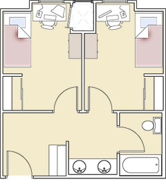 Floor plan of Bayou Suites showing two private-occupancy rooms with shared central bathroom and entryway.